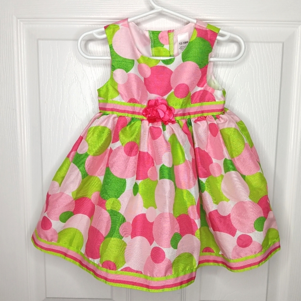 George Baby Girl 12-18M Fit & Flare Sleeveless Dress Polka Dot Pink Green